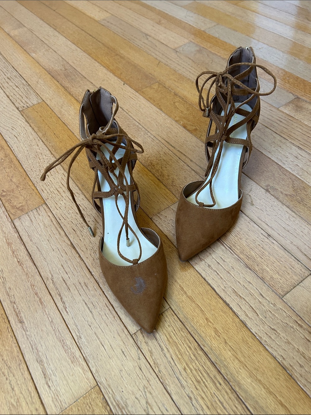 MARC FISHER Suede Lace-Up Pointed-Toe Heels